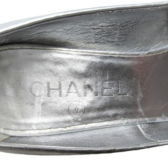 2016 Chanel silver heels pumps snakeskin open toe peep toe pearl 38.5 - Picture 7 of 11